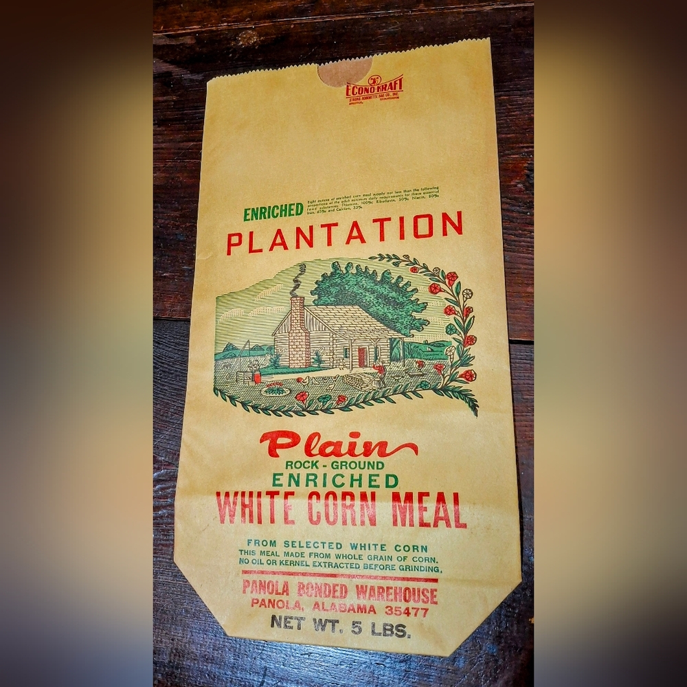Vintage Unused PLANTATION WHITE CORN MEAL 5 Lb. Paper Mill Sack Bag / Panola AL